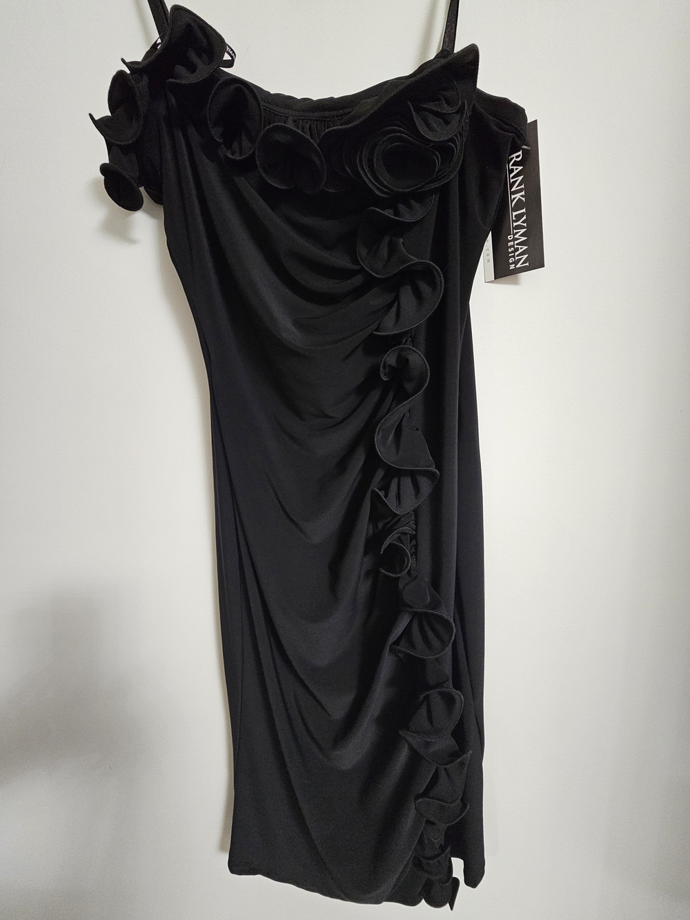 New With Tags Frank Lyman  Design Black One-Shoulder Dress with Ruffle Cascade